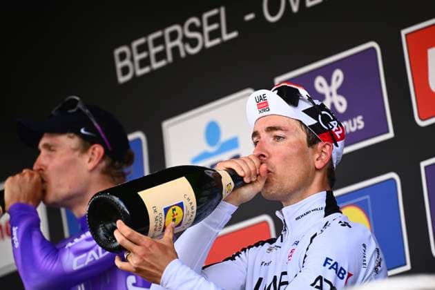 Brabantse Pijl - Fleche Brabanconne 2026 Cycling Race OVERIJSE, BELGIUM - APRIL 17 : Cosnefroy Benoit (FRA) of UAE Team Emirates - XRG pictured during the podium ceremony of the 66th edition of De Brabantse Pijl - La Fleche Brabanconne an UCI ProSeries 1.Pro one day cycling road race for Men Elite of 162 km with start in Beersel and finish in Overijse on April 17, 2026 in Overijse, Belgium, 17 04 2026 ( Motordriver Kenny Verfaillie - Overijse Belgium  Copyright: xGvgx