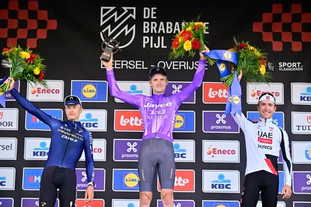 Brabantse Pijl - Fleche Brabanconne 2026 Cycling Race OVERIJSE, BELGIUM - APRIL 17 : Hermans Quinten (BEL) of Pinarello Q36.5 Pro Cycling Team, Foldager Anders (DEN) of Team Jayco AlUla and Cosnefroy Benoit (FRA) of UAE Team Emirates - XRG pictured during the podium ceremony of the 66th edition of De Brabantse Pijl - La Fleche Brabanconne an UCI ProSeries 1.Pro one day cycling road race for Men Elite of 162 km with start in Beersel and finish in Overijse on April 17, 2026 in Overijse, Belgium, 17 04 2026 ( Motordriver Kenny Verfaillie - Overijse Belgium  Copyright: xJanxDexMeuleneirx