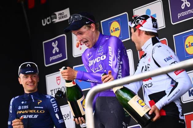 Brabantse Pijl - Fleche Brabanconne 2026 Cycling Race OVERIJSE, BELGIUM - APRIL 17 : Hermans Quinten (BEL) of Pinarello Q36.5 Pro Cycling Team, Foldager Anders (DEN) of Team Jayco AlUla and Cosnefroy Benoit (FRA) of UAE Team Emirates - XRG pictured during the podium ceremony of the 66th edition of De Brabantse Pijl - La Fleche Brabanconne an UCI ProSeries 1.Pro one day cycling road race for Men Elite of 162 km with start in Beersel and finish in Overijse on April 17, 2026 in Overijse, Belgium, 17 04 2026 ( Motordriver Kenny Verfaillie - Overijse Belgium  Copyright: xJanxDexMeuleneirx