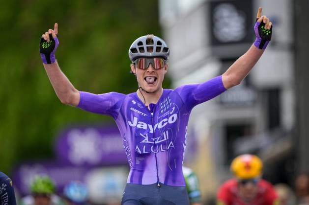 Danish Anders Foldager of Team Jayco-AIUIa celebrates as he crosses the finish line to win the men s Brabantse Pijl one day cycling race, 162,6km from Huizingen, Beersel to Overijse on Friday 17 April 2026. DAVIDxPINTENS  x171142982x