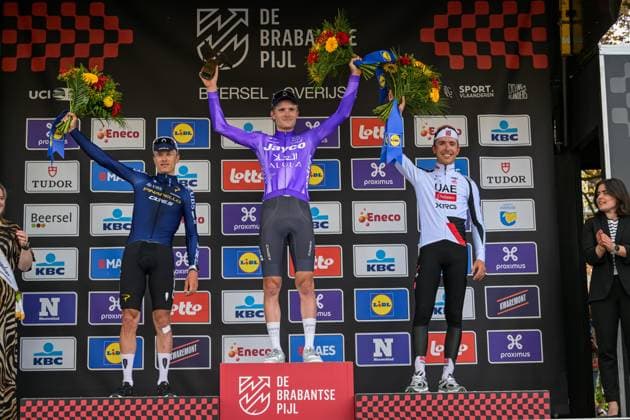 Belgian Quinten Hermans of Pinarello Q36.5 Pro Cycling Team, Danish Anders Foldager of Team Jayco-AIUIa and French Benoit Cosnefroy of UAE Team Emirates-XRG pictured on the podium after the men s Brabantse Pijl one day cycling race, 162,6km from Huizingen, Beersel to Overijse on Friday 17 April 2026. DAVIDxPINTENS  x171144459x