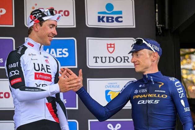 Belgian Quinten Hermans of Pinarello Q36.5 Pro Cycling Team and French Benoit Cosnefroy of UAE Team Emirates-XRG pictured on the podium after the men s Brabantse Pijl one day cycling race, 162,6km from Huizingen, Beersel to Overijse on Friday 17 April 2026. DAVIDxPINTENS  x171144469x