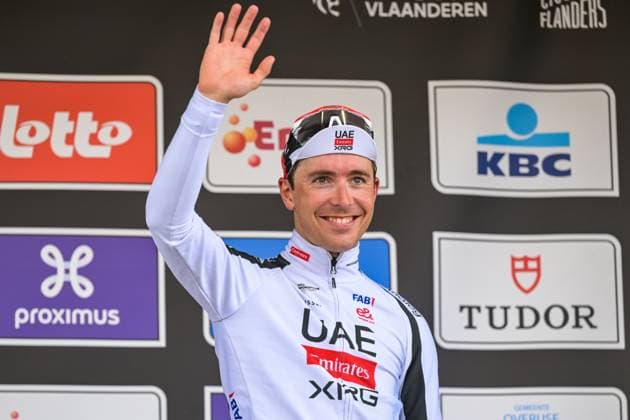 French Benoit Cosnefroy of UAE Team Emirates-XRG pictured on the podium after the men s Brabantse Pijl one day cycling race, 162,6km from Huizingen, Beersel to Overijse on Friday 17 April 2026. DAVIDxPINTENS  x171144477x