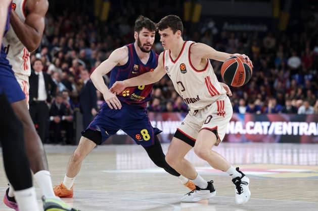 April 17, 2026, Barcelona, Barcelona, Spain: Neno Dimitrijevic of FC Bayern Munich and Dario Brizuela of FC Barcelona, Barca in action during the EuroLeague Regular Season Round 38 match played between FC Barcelona and FC Bayern Munich at Palau Blaugrana on April 17, 2026 in Barcelona, Spain. Barcelona Spain - ZUMAa181 20260417_zaa_a181_273 Copyright: xJavierxBorregox