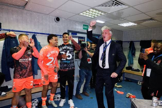 Coventry City owner Doug King celebrates promotion with Coventry City. Blackburn Rovers v Coventry City, Sky Bet Championship, Football, Ewood Park, Blackburn, UK - 17 Apr 2026Blackburn Ewood Park United Kingdom EDITORIAL USE ONLY No use with unauthorised audio, video, data, fixture lists, club league logos or live services. Online in-match use limited to 120 images, no video emulation. No use in betting, games or single club league player publications. Copyright: xRyanxBrowne Shutterstockx 16832010dl