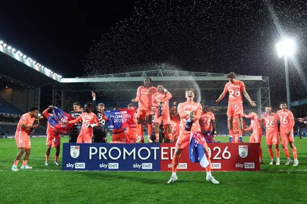 Coventry City celebrate promotion to the Premier League Blackburn Rovers v Coventry City, Sky Bet Championship, Football, Ewood Park, Blackburn, UK - 17 Apr 2026Blackburn Ewood Park United Kingdom EDITORIAL USE ONLY No use with unauthorised audio, video, data, fixture lists, club league logos or live services. Online in-match use limited to 120 images, no video emulation. No use in betting, games or single club league player publications. Copyright: xRyanxBrowne Shutterstockx 16832010dy