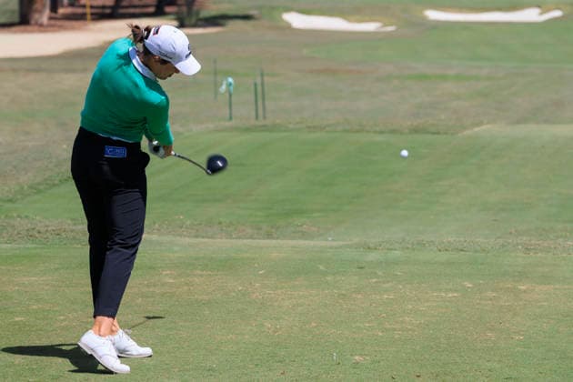 April 17, 2026, Tarzana, California, USA: Albane Valenzuela swings at the 8th tee during Round 2 of the 2026 JM Eagle Championship Los Angeles on Friday April 17, 2026 at the Caballero Country Club in Tarzana, California. ARIANA RUIZ PI Tarzana USA - ZUMAp124 20260417_zaa_p124_020 Copyright: xArianaxRuizx