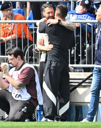 18 04 2026 Soccer Season 2025 2026 2 Soccer Bundesliga 30 Matchday DSC Arminia Bielefeld 1 FC Nürnberg FCN Club Sportfoto Zink xwoxzix DFL regulations prohibit any use of photographs as image sequences and or quasi video only for editorial use Michael Mitch Kniat Trainer Arminia Bielefeld Miroslav Miro Klose Trainer 1 FC Nürnberg FCN before the start of the match