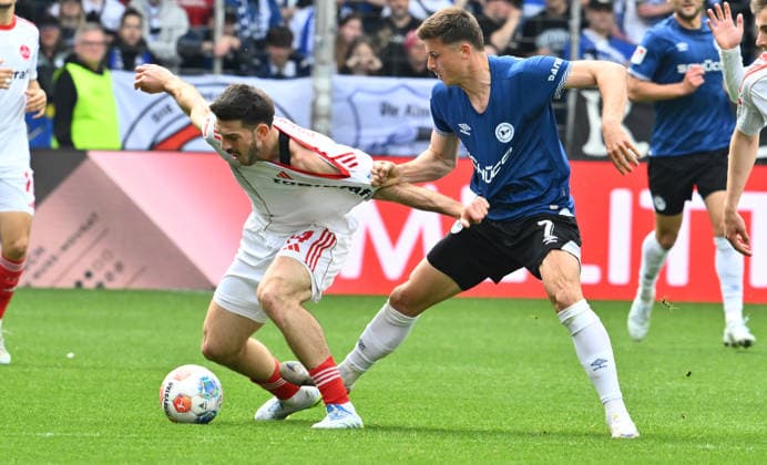 18 04 2026 Soccer Season 2025 2026 2 Soccer Bundesliga 30 Matchday DSC Arminia Bielefeld 1 FC Nürnberg FCN Club Sportfoto Zink xwoxzix DFL regulations prohibit any use of photographs as image sequences and or quasi video only for editorial use Luka Lochoshvili 24, 1 FC Nürnberg FCN Semir Telalovic 7, Arminia Bielefeld