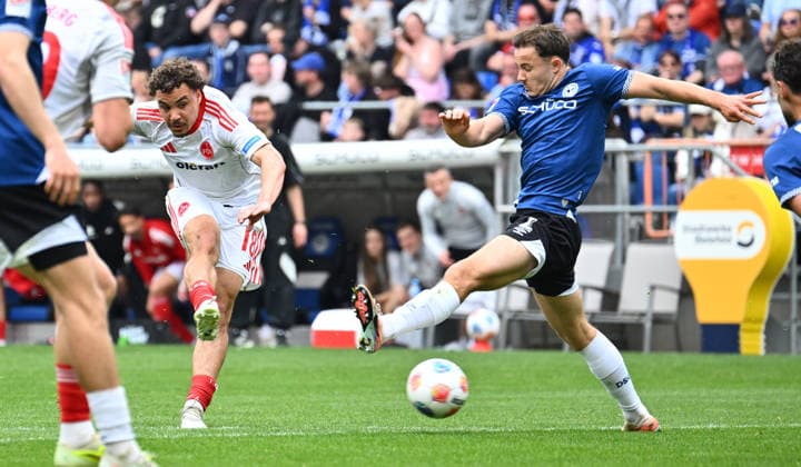 18 04 2026 Soccer Season 2025 2026 2 Soccer Bundesliga 30 Matchday DSC Arminia Bielefeld 1 FC Nürnberg FCN Club Sportfoto Zink xwoxzix DFL regulations prohibit any use of photographs as image sequences and or quasi video only for editorial use Rafael Lubach 18, 1 FC Nürnberg FCN Felix Hagmann 2, Arminia Bielefeld Chance Torchance