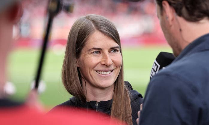 Coach Marie Louise Eta in an interview Portrait Portrait Single image close up Sport Football Soccer Bundesliga Men DFL 30 Matchday Season 2025 2026 18 04 2026 1 FC Union Berlin FCU vs VfL Wolfsburg WOB DFL regulations prohibit any use of photographs as image sequences and or quasi video