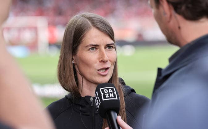 Coach Marie Louise Eta in an interview Portrait Portrait Single image close up Sport Football Soccer Bundesliga Men DFL 30 Matchday Season 2025 2026 18 04 2026 1 FC Union Berlin FCU vs VfL Wolfsburg WOB DFL regulations prohibit any use of photographs as image sequences and or quasi video