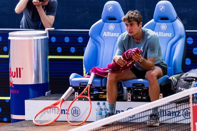 MUNICH, GERMANY - APRIL 18: Flavio Cobolli (ITA) in tears after the BMW Open by Bitpanda Singles match between Alexander Zverev (GER) vs Flavio Cobolli (ITA) at MTTC Iphitos on April 18, 2026 in Munich, Germany. Bavaria Germany Copyright: xSteffiexWunderlx