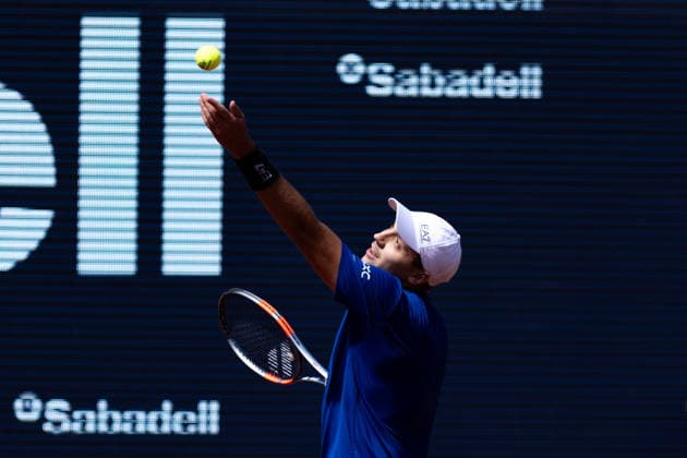 April 18, 2026, Barcelona, Barcelona, Spain: Serbian professional ATP, Tennis Herren Tour tennis player HAMAD MEDJEDOVIC (SRB) serves during the semifinals match against ANDREY RUBLEV (RUS) at the Barcelona Open Banc Sabadell ATP 500 tennis tournament at the Real Club de Tenis Barcelona on April 18, 2026 in Barcelona, Spain. Barcelona Open Banc Sabadell 2026 - ATP 500  - ZUMAs316 20260418_znp_s316_004 Copyright: xMartixSeguraxRamonedax