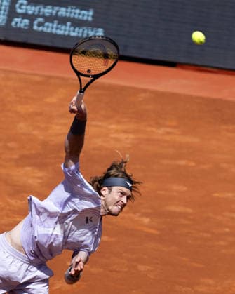 April 18, 2026, Barcelona, Barcelona, Spain: Russian professional ATP, Tennis Herren Tour tennis player ANDREY RUBLEV (RUS) serves during the semifinals match against HAMAD MEDJEDOVIC (SRB) at the Barcelona Open Banc Sabadell ATP 500 tennis tournament at the Real Club de Tenis Barcelona on April 18, 2026 in Barcelona, Spain. Tennis 2026: Barcelona Open Banc Sabadell 2026 - ATP 500  - ZUMAs316 20260418_znp_s316_018 Copyright: xMartixSeguraxRamonedax