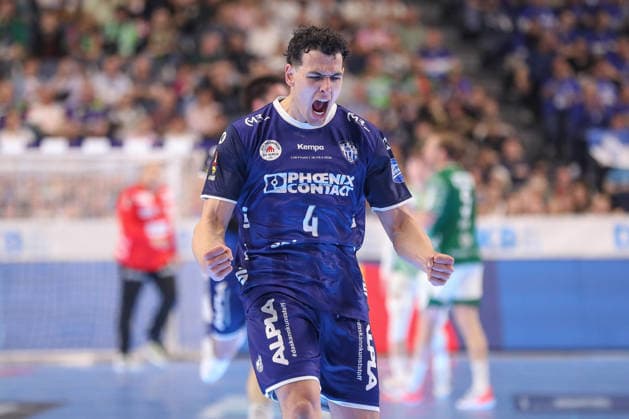 18 04 2026 ,xgox, Handball DHB Pokal 1 2 Final TBV Lemgo Lippe Füchse Berlin emspor, v l Samuel Zehnder Lemgo, 4 Jubel, Torjubel, jubelt über das Tor, celebrate the goal, celebration Koeln