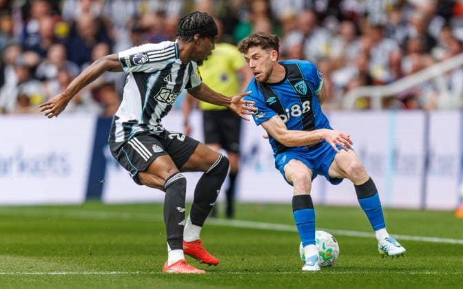 18th April 2026; St James Park, Newcastle, England; Premier League Football, Newcastle United versus Bournemouth; Anthony Elanga of Newcastle United beaten by the cut back from Ryan Christie of Bournemouth WMxSportsxMedia