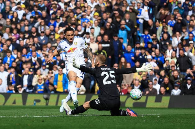 Leeds, England, 18th April 2026. Noah Okafor of Leeds United scores his team™s second goal during the Leeds United vs Wolverhampton Wanderers Premier League match at Elland Road, Leeds. Picture credit should read: Jessica Hornby Sportimage EDITORIAL USE ONLY. No use with unauthorised audio, video, data, fixture lists, club league logos or live services. Online in-match use limited to 120 images, no video emulation. No use in betting, games or single club league player publications. SPI_028_JH_LEEDS_UNITED_WOLVES SPI-4700-0028