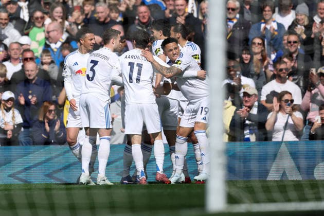 Leeds, England, 18th April 2026. Noah Okafor of Leeds United celebrates scoring his team™s second goal with teammates during the Leeds United vs Wolverhampton Wanderers Premier League match at Elland Road, Leeds. Picture credit should read: Jessica Hornby Sportimage EDITORIAL USE ONLY. No use with unauthorised audio, video, data, fixture lists, club league logos or live services. Online in-match use limited to 120 images, no video emulation. No use in betting, games or single club league player publications. SPI_029_JH_LEEDS_UNITED_WOLVES SPI-4700-0029