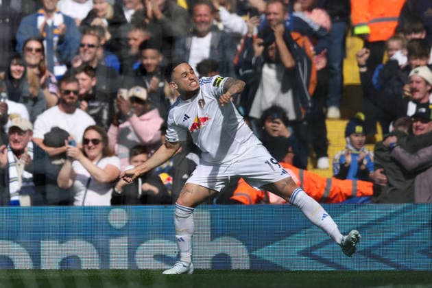Leeds, England, 18th April 2026. Noah Okafor of Leeds United celebrates scoring his team™s second goal during the Leeds United vs Wolverhampton Wanderers Premier League match at Elland Road, Leeds. Picture credit should read: Jessica Hornby Sportimage EDITORIAL USE ONLY. No use with unauthorised audio, video, data, fixture lists, club league logos or live services. Online in-match use limited to 120 images, no video emulation. No use in betting, games or single club league player publications. SPI_030_JH_LEEDS_UNITED_WOLVES SPI-4700-0030
