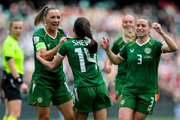 2027 FIFA Women s World Cup Qualifier, Aviva Stadium, Dublin 18 4 2026 Republic of Ireland vs Poland Ireland s Marissa Sheva celebrates with Katie McCabe after scoring her sides first goal of the match Marissa Sheva celebrates with Katie McCabe after scoring her sides first goal of the match 18 4 2026  Copyright: x INPHO RyanxByrnex RB1_7671
