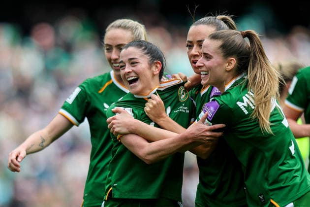 2027 FIFA Women s World Cup Qualifier, Aviva Stadium, Dublin 18 4 2026 Republic of Ireland vs Poland Ireland s Marissa Sheva celebrates with teammates after scoring her sides first goal of the match Marissa Sheva celebrates with teammates after scoring her sides first goal of the match 18 4 2026  Copyright: x INPHO RyanxByrnex RB1_7695