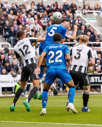 18th April 2026; St James Park, Newcastle, England; Premier League Football, Newcastle United versus Bournemouth; Marcos Senesi of Bournemouth challenges for a header WMxSportsxMedia