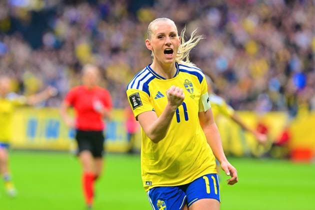 Strawberry Arena SOLNA, SWEDEN - APRIL 18: Stina Blackstenius of Sweden celebrates goal in the World Cup 2027 qualifier match between Sweden and Serbia at Strawberry Arena on April 18, 2026 in Solna, Sweden. (Peter Sonander SPP) Copyright: xPeterxSonander SPPx Sportspressphoto_SPR132143