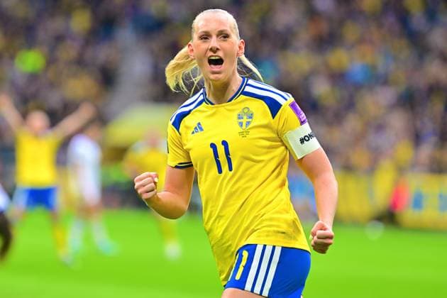 Strawberry Arena SOLNA, SWEDEN - APRIL 18: Stina Blackstenius of Sweden celebrates goal in the World Cup 2027 qualifier match between Sweden and Serbia at Strawberry Arena on April 18, 2026 in Solna, Sweden. (Peter Sonander SPP) Copyright: xPeterxSonander SPPx Sportspressphoto_SPR132148