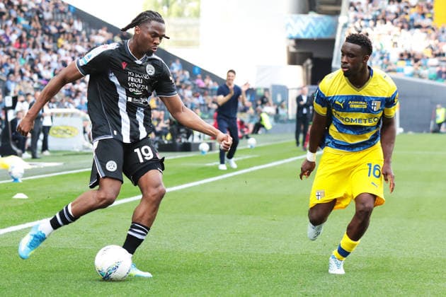 Udinese s Kingsley Ehizibue fights for the ball with Parma™s Mandela Keita during the Serie A soccer match between Udinese and Parma at the Bluenergy Stadium in Udine, north east Italy - Saturday, April 18,2026 - soccer  Copyright: xAndreaxBressanutti LaPressex