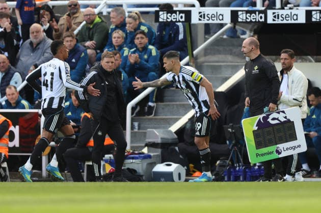 Newcastle Upon Tyne, England, 18th April 2026. Bruno Guimaraes of Newcastle United comes on as a substitute during the Newcastle United vs AFC Bournemouth Premier League match at St. James Park, Newcastle Upon Tyne. Picture credit should read: Nigel Roddis Sportimage EDITORIAL USE ONLY. No use with unauthorised audio, video, data, fixture lists, club league logos or live services. Online in-match use limited to 120 images, no video emulation. No use in betting, games or single club league player publications. SPI_030_NR_NEWC_BOUR SPI-4699-0029