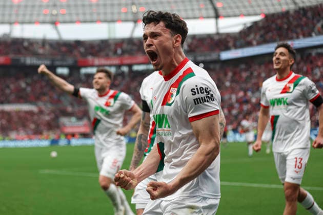 Sport Bilder des Tages Fabian Rieder (FC Augsburg) Torjubel, jubelt nach seinem Treffer zum 1:2 waehrend des Spiels der Bundesliga zwischen Bayer 04 Leverkusen und FC Augsburg, BayArena am 18. April 2026 in Leverkusen, Deutschland. (Foto von Oliver Kaelke DeFodi Images) +++ Fabian Rieder (FC Augsburg) celebrates after scoring his team s second goal during the Bundesliga match between Bayer 04 Leverkusen and FC Augsburg at BayArena on April 18, 2026 in Leverkusen, Germany. (Photo by Oliver Kaelke DeFodi Images) DFL regulations prohibit any use of photographs as image sequences and or quasi-video. (Photo by Oliver Kaelke DeFodi Images) - *** Fabian Rieder FC Augsburg celebrates after scoring his team s second goal during the Bundesliga match between Bayer 04 Leverkusen and FC Augsburg at BayArena on April 18, 2026 in Leverkusen, Germany Germany Photo by Oliver Kaelke DeFodi Images Fabian Rieder FC Augsburg celebrates after scoring his team s second goal during the Bundesliga match between Bayer 04 Leverkusen and FC Augsburg at BayArena on April 18, 2026 in Leverkusen, Germany Photo by Oliver Kaelke DeFodi Images DFL regulations prohibit any use of photographs as image sequences and or quasi video Photo by Oliver Kaelke DeFodi Images