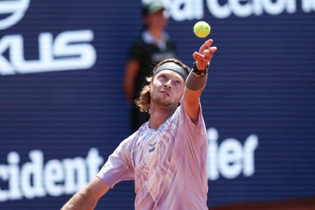 April 18, 2026, Barcelona, Barcelona, Spain: Andrey Rublev of Russia in action against Hamad Medjedovic of Serbia during the Semi Final tennis match of the Barcelona Open Banc Sabadell - Conde Godo 2026 Day 8 at Real Club de Tenis Barcelona on April 18, 2026 in Barcelona, Spain. Barcelona Spain - ZUMAa181 20260418_zaa_a181_016 Copyright: xJavierxBorregox