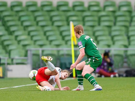 18th April 2026; Aviva Stadium, Dublin, Ireland; 2026 Womens World Cup Qualifier Football, Republic of Ireland versus Poland; Aoife Mannion of Ireland fouls Nadia Krezyman of Poland PeterxFitzpatrick