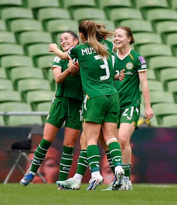 18th April 2026; Aviva Stadium, Dublin, Ireland; 2026 Womens World Cup Qualifier Football, Republic of Ireland versus Poland; Marissa Sheva of Ireland celebrates after scoring the opening goal in the 41st minute for 1 - 0 PeterxFitzpatrick