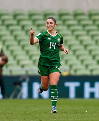 18th April 2026; Aviva Stadium, Dublin, Ireland; 2026 Womens World Cup Qualifier Football, Republic of Ireland versus Poland; Marissa Sheva of Ireland celebrates after scoring the opening goal in the 41st minute for 1 - 0 PeterxFitzpatrick