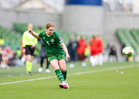 18th April 2026; Aviva Stadium, Dublin, Ireland; 2026 Womens World Cup Qualifier Football, Republic of Ireland versus Poland; Aoife Mannion of Ireland crosses the ball into the goal area PeterxFitzpatrick