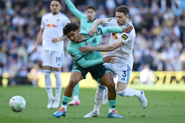 Pedro Lima of Wolverhampton Wanderers and Gabriel Gudmundsson of Leeds United Leeds United v Wolverhampton Wanderers, Premier League, Football, Elland Road, Leeds, UK - 18 Apr 2026Leeds Elland Road United Kingdom EDITORIAL USE ONLY No use with unauthorised audio, video, data, fixture lists, club league logos or live services. Online in-match use limited to 120 images, no video emulation. No use in betting, games or single club league player publications. Copyright: xGreigxCowie Shutterstockx 16832140ak