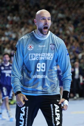 GER, Lanxess Arena Koeln, HBL, LIDL FINAL4, Men, 1 Semifinal TVB Lemgo Lippe vs Fuechse Berlin 18 04 2026, Lanxess Arena , Koeln , GER, Lanxess Arena Koeln, HBL, LIDL FINAL4, Men, 1 Semifinal TVB Lemgo Lippe vs Fuechse Berlin, in the picture Urh Kastelic goalkeeper TBV Lemgo 99 , is happy about a saved goal nordphotoxGmbHx xMeuter nph00351
