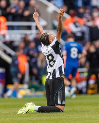 18th April 2026; St James Park, Newcastle, England; Premier League Football, Newcastle United versus Bournemouth; William Osula of Newcastle United celebrates scoring his equalising goal after a VAR review on 68 mins WMxSportsxMedia