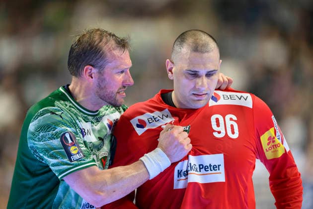 l r Max DARJ B , goalkeeper Dejan MILOSAVLJEV B semi-final, TBV Lemgo Lippe Füchse Berlin, on 18 04 2026 Handball DHB Pokal Final4, from 18 04 19 04 2026 in Cologne Germany Lanxess Arena