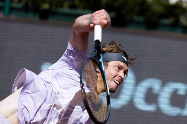 April 18, 2026, Barcelona, Barcelona, Spain: Russian professional ATP, Tennis Herren Tour tennis player ANDREY RUBLEV (RUS) serves during the semifinals match against HAMAD MEDJEDOVIC (SRB) at the Barcelona Open Banc Sabadell ATP 500 tennis tournament at the Real Club de Tenis Barcelona on April 18, 2026 in Barcelona, Spain. Barcelona Spain - ZUMAs316 20260418_znp_s316_048 Copyright: xMartixSeguraxRamonedax