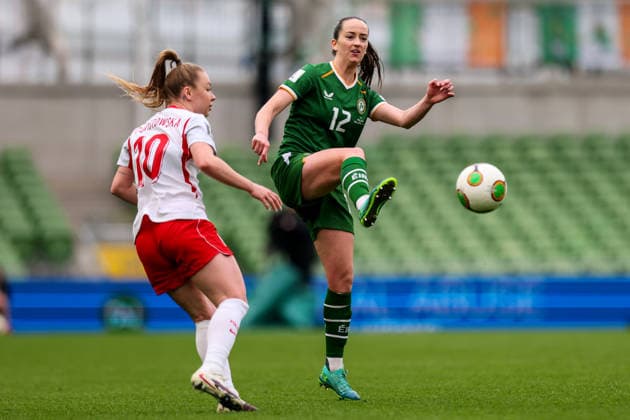 2027 FIFA Women s World Cup Qualifier, Aviva Stadium, Dublin 18 4 2026 Republic of Ireland vs Poland Ireland s Anna Patten with Poland s Weronika Zawistowska Anna Patten with Weronika Zawistowska 18 4 2026  Copyright: x INPHO RyanxByrnex RB1_9286