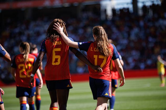 Edna Imade and Lucia Corrales seen celebrating after scoring goal during Women World Cup 2027 qualifying game between national teams of Spain and Ukraine (Marianna Gurba Ball Raw Images) Cordoba Estadio Nuevo Arcangel Spain Copyright: xMariannaxGurbax mariannagurba_spain_ukraine_2526-13