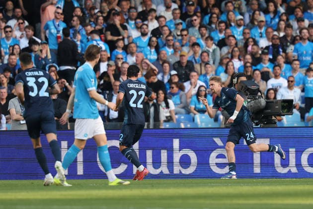 Lazio™s Matteo Cancellieri esulta dopo il gol 0-1 during the Serie A soccer match between Napoli and Lazio at the Diego Armando Maradona Stadium in Naples, southern italy - Saturday , April 18 , 2026. - Soccer .  Copyright: xAlessandroxGarofalo LaPressex