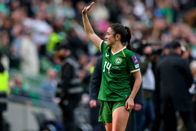 2027 FIFA Women s World Cup Qualifier, Aviva Stadium, Dublin 18 4 2026 Republic of Ireland vs Poland Ireland s Marissa Sheva celebrates after the match Marissa Sheva celebrates after the match 18 4 2026  Copyright: x INPHO RyanxByrnex RB1_0169a