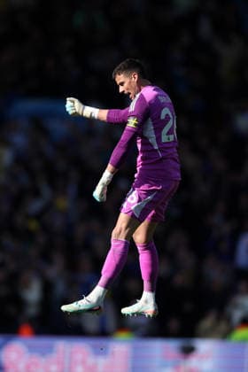 Leeds, England, 18th April 2026. Karl Darlow of Leeds United celebrates after teammate Dominic Calvert-Lewin (not pictured) scores his team™s second goal from the penalty spot during the Leeds United vs Wolverhampton Wanderers Premier League match at Elland Road, Leeds. Picture credit should read: Jessica Hornby Sportimage EDITORIAL USE ONLY. No use with unauthorised audio, video, data, fixture lists, club league logos or live services. Online in-match use limited to 120 images, no video emulation. No use in betting, games or single club league player publications. SPI_063_JH_LEEDS_UNITED_WOLVES SPI-4700-0063
