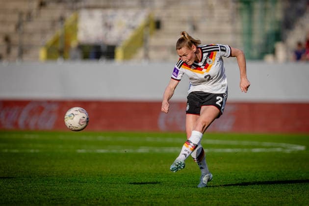 AUSTRIA - GERMANY WOMEN Sarai Linder of Germany and VfL Wolfsburg during the league phase of 2027 FIFA Women s World Cup European Qualifiers League A football match between Austria and Germany. Josko Arena, Ried im Innkreis, Austria, April 18, 2026. Photo by Branislav Racko Copyright: xx 080A2386