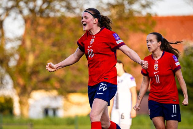 260418 Signe Gaupset of Norway celebrates after scoring the 2 3 goal during the FIFA Women s World Cup Qualifier football match between Slovenia and Norway on April 18, 2026 in Ptuj Photo Marius Simensen BILDBYRAN COP 238 MM0066 bbeng dam fifa world cup qualifiers football fotball fotboll jubel landskamp norge norway slovenia slovenien soccer vm kvalik vm kvalifisering kvinner  Copyright: MARIUSxSIMENSEN BB260418ZW014