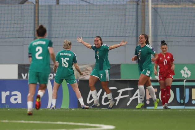 Ellie Mason (centre) of Northern Ireland reacts in celebration after scoring the 0-1 goal during the FIFA Women™s World Cup 2027 European qualifiers League B, Group B2 soccer match between Malta and Nothern Ireland at the Centenary Stadium, Ta™ Qali, Malta on 18 April 2026. Women™s European Qualifiers - Malta v Northern Ireland
